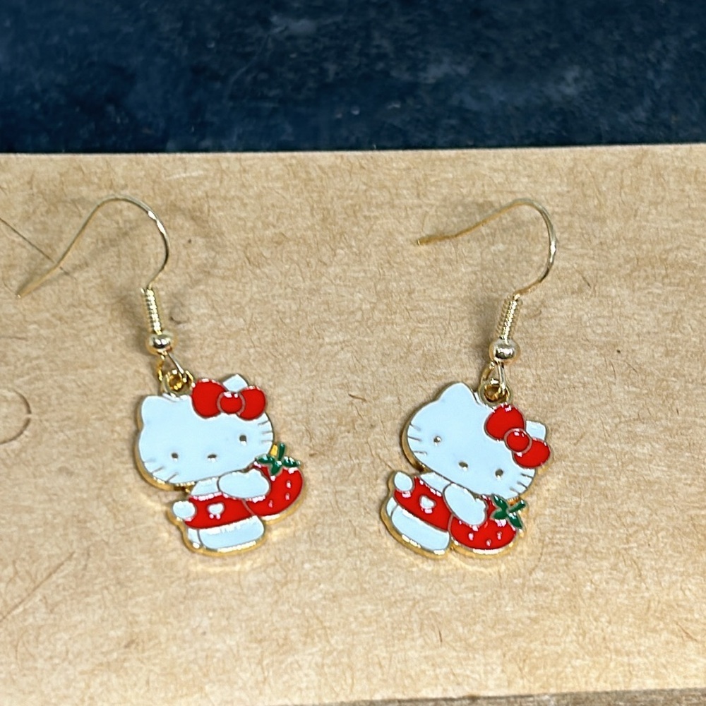 Cute Hello Kitty with a strawberry red bag dangle Earring